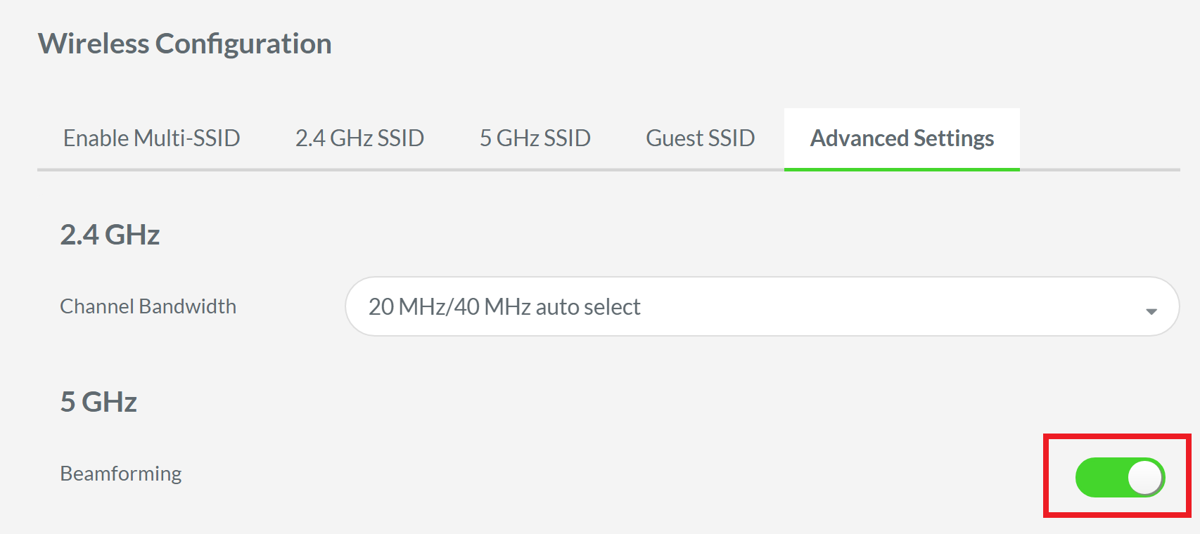 Shot of Advanced Setup page highlighting the Beamforming switch