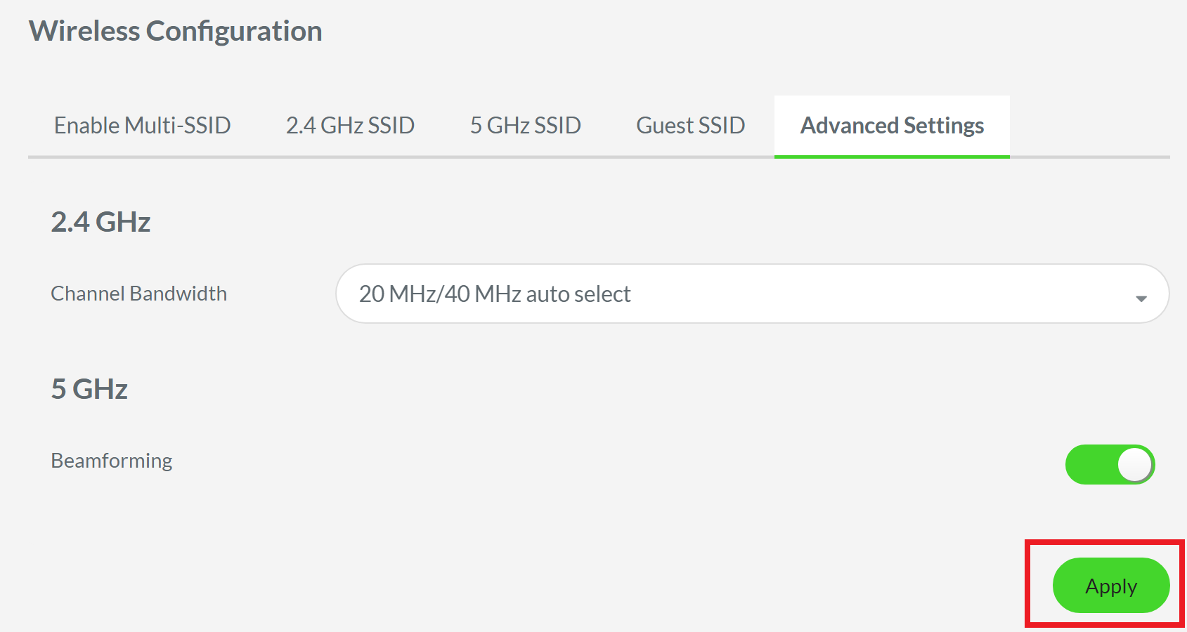 Shot of Advanced Setup page highlighting the Apply switch