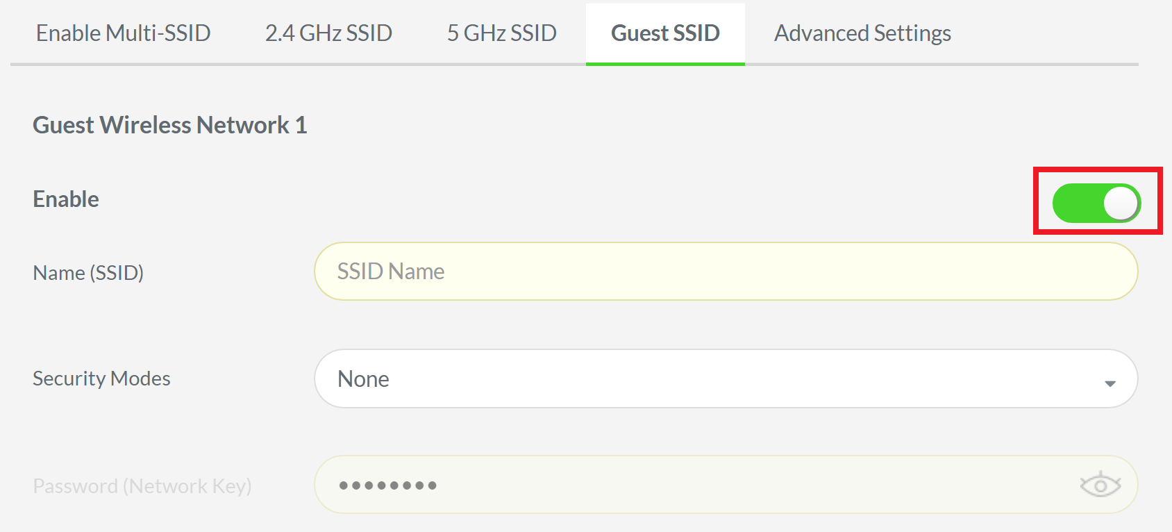 Guest SSID Enable switch on the Razer Sila UI