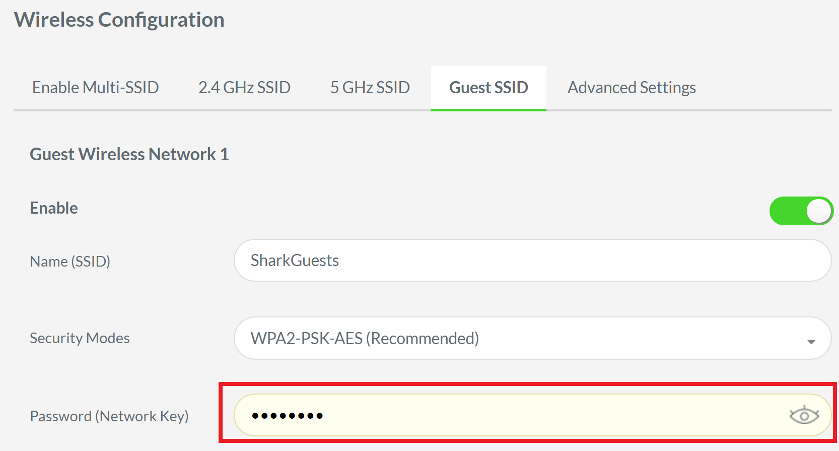 Guest SSID settings highlighting the Password (Network Key) field on the Razer Sila UI