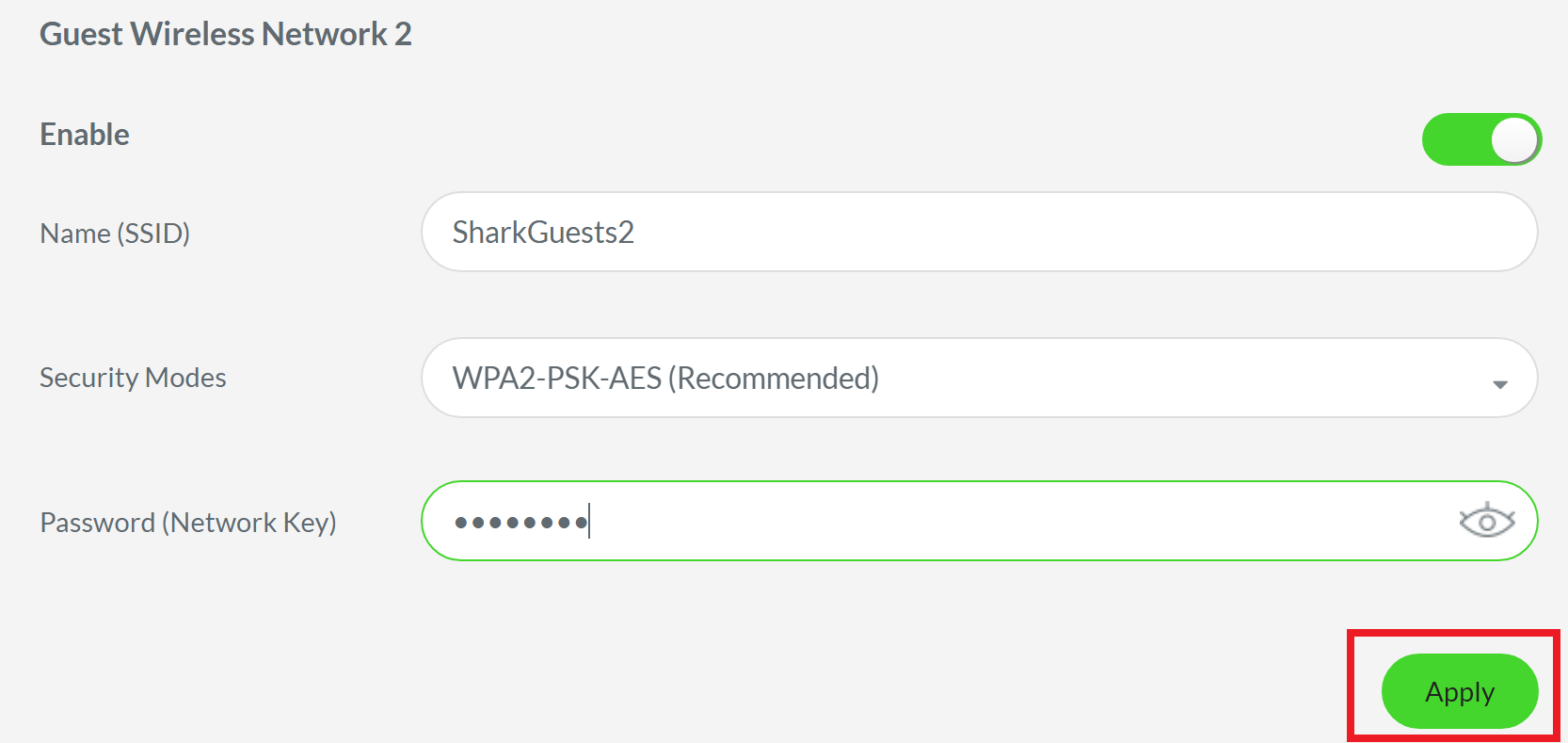 Second Guest SSID settings highlighting the Apply button on the Razer Sila UI