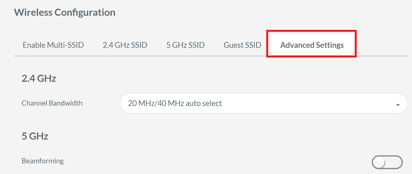 Shot of the Advanced Settings tab under Wireless Configuration on the Razer Sila web UI