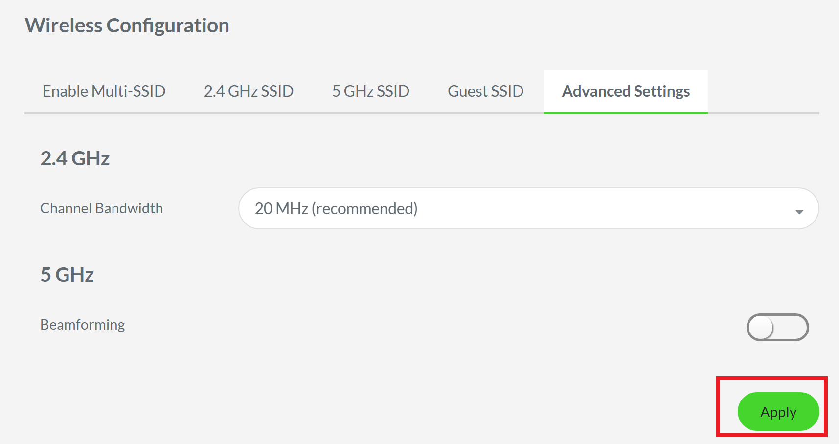 Shot of the Apply button in the Advanced Settings tab under Wireless Configuration