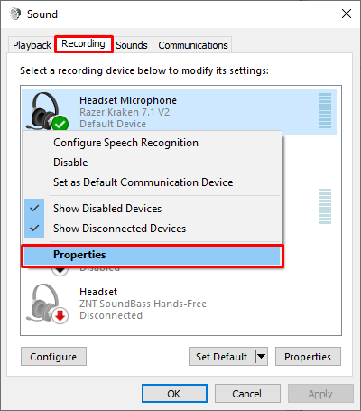Recording devices with properties option highlighted