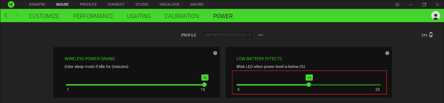 Razer Synapse 3 with Low Battery Effects slider highlighted
