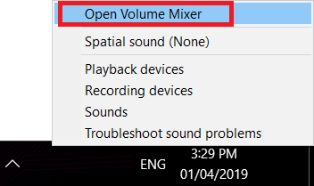 Right-click menu for volume icon in Windows 10 speaker tray
