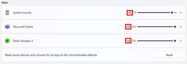 Windows 11 volume mixer with mute buttons highlighted 