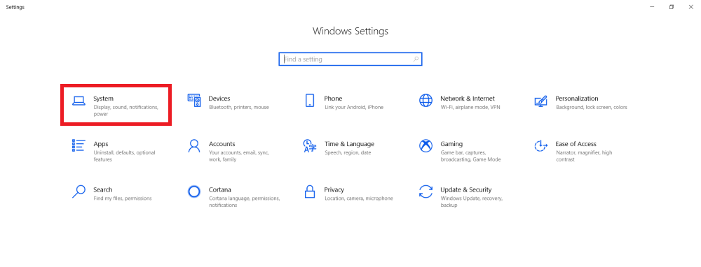 System option under Settings in the Windows menu