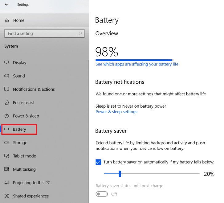 Battery settings under System in the Windows menu