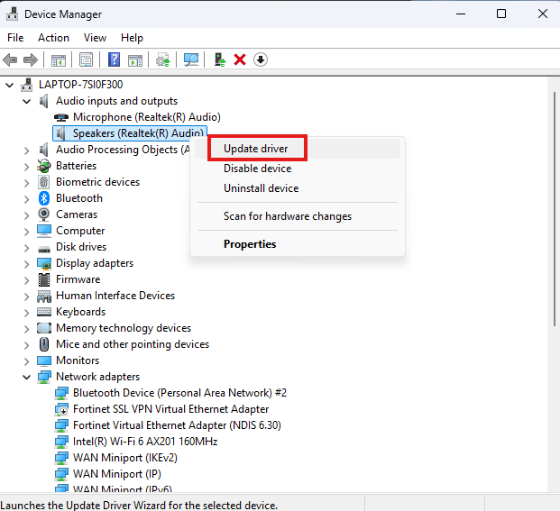 Right-click on your audio driver and click Update driver