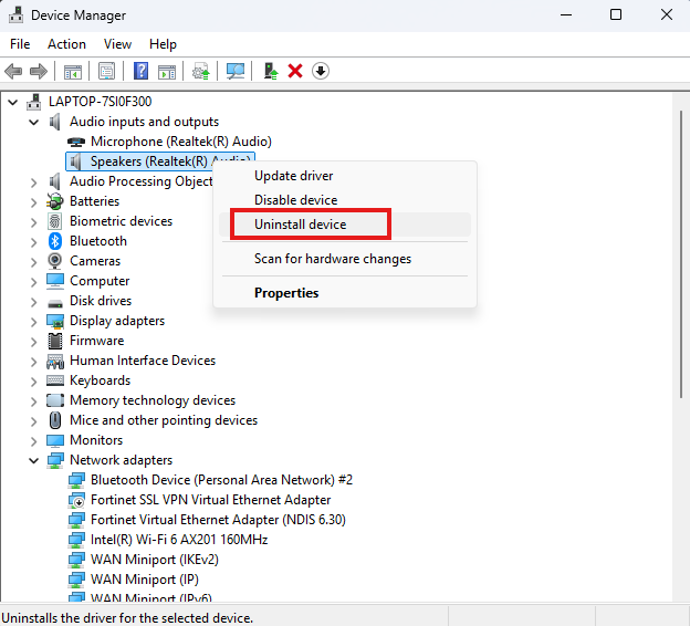 Right-click on your Audio drivers and select Uninstall device