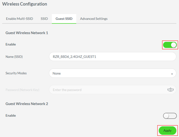 Guest SSID toggle switch in Razer Sila Web UI