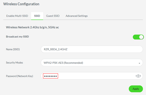 SSID page highlighting the password on the Razer Sila UI