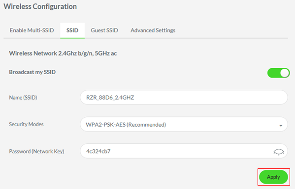SSID page highlighting the Apply button on the Razer Sila UI