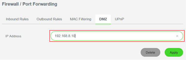 IP address field on the DMZ tab under Firewall/ Port Forwarding on the Razer Sila UI