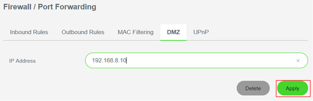 Apply button on the DMZ tab under Firewall/ Port Forwarding on the Razer Sila UI