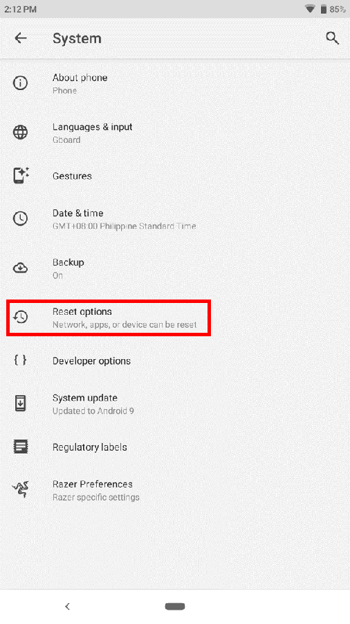 Reset options under System 
