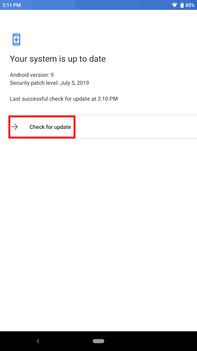 Check for update link under System Update
