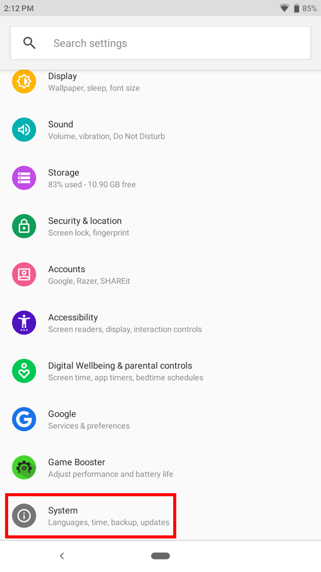 System update option under Settings