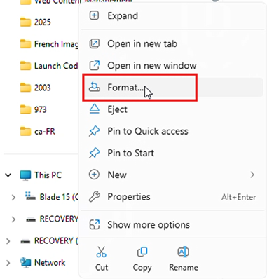Format option on the USB drive