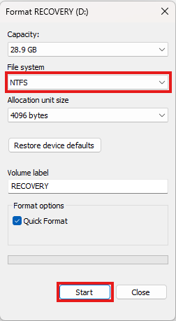 NTFS option in the Format window