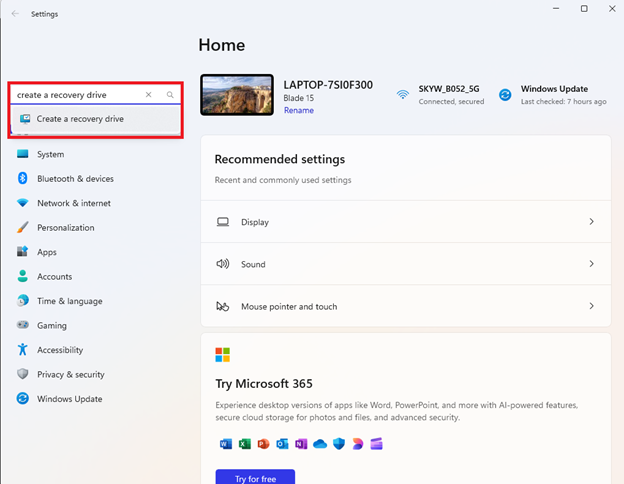 Create a recovery drive option under Settings in Windows