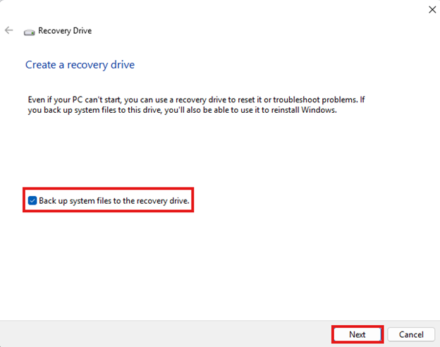 Backup system files to the recovery drive checkbox