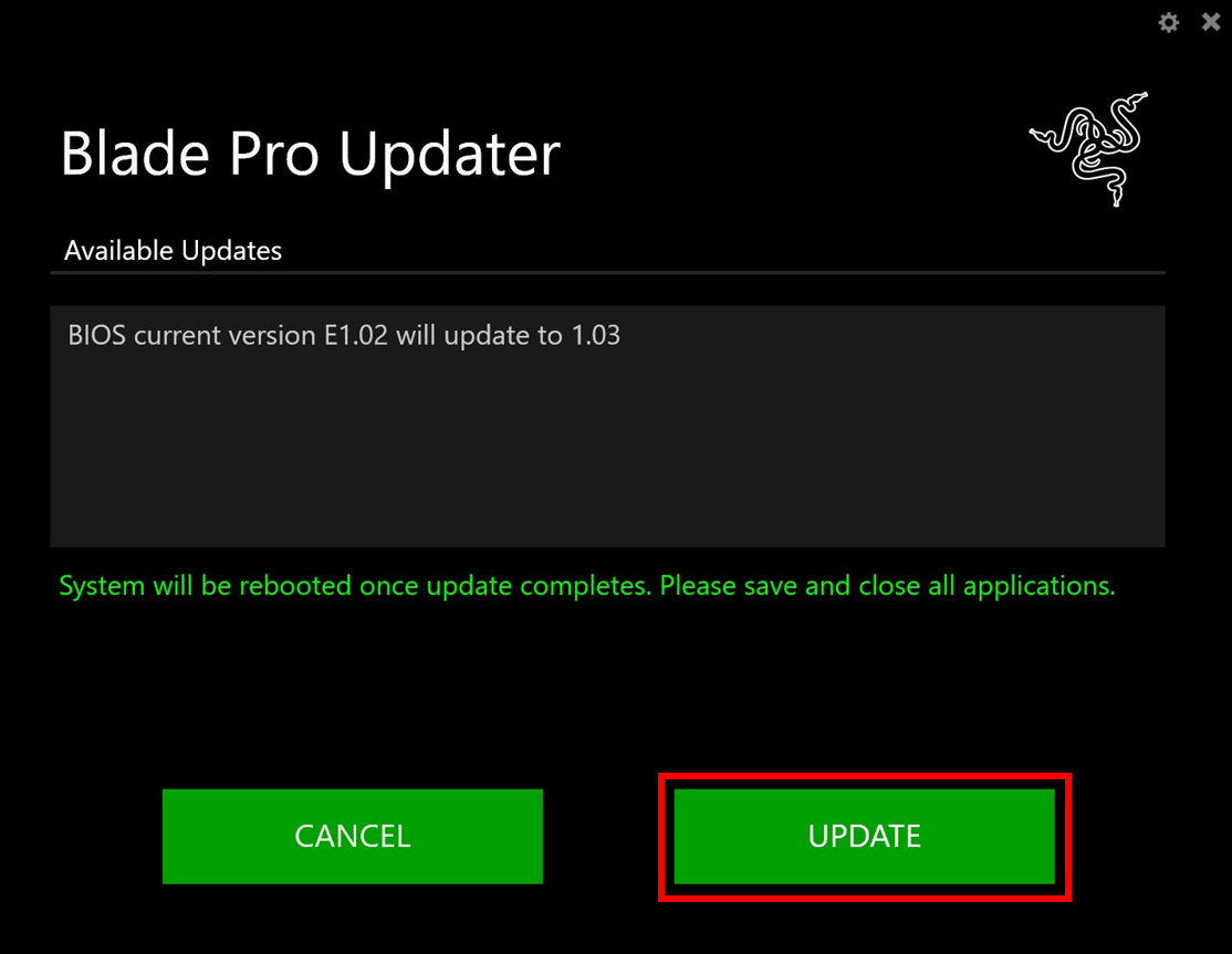 Updater window highlighting the UPDATE button