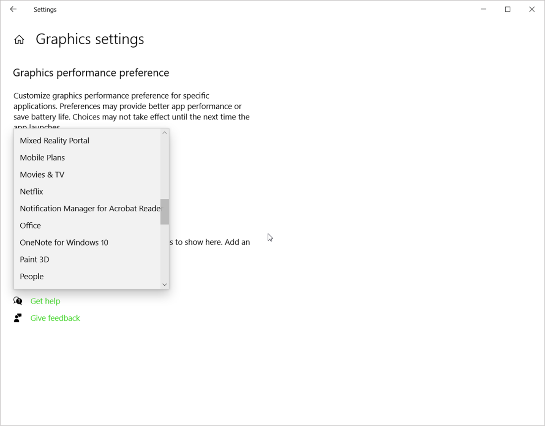 Graphics Settings page on Windows