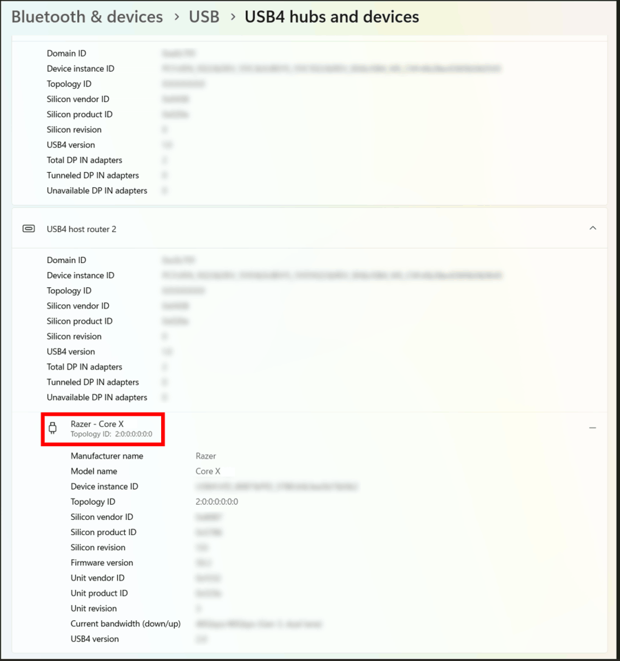 USB4 hubs and devices window showing the device model name and topology ID