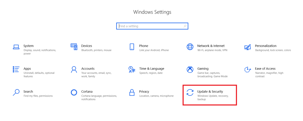 Settings screen highlighting Update & Security for Windows 10