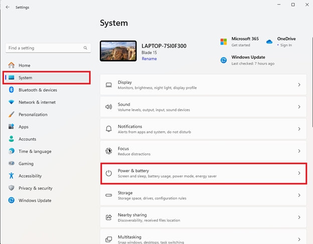 Power & sleep option under System in WIndows