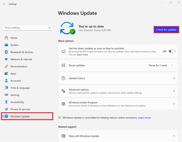 Windows updates section under Settings in Windows