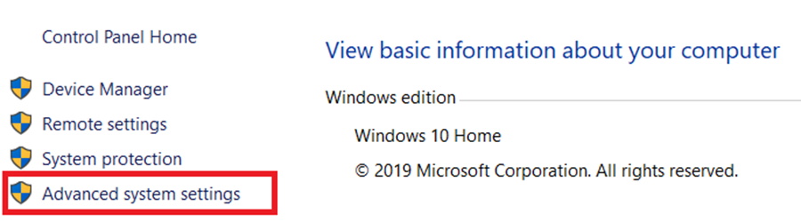 Advanced system settings under the Windows Control Panel Home
