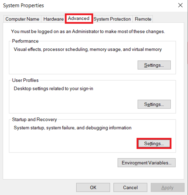 Advanced tab in the System Properties window highlighting the Settings button 