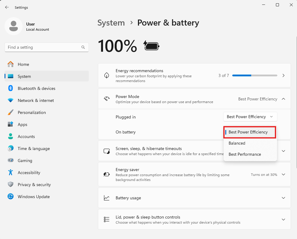 Windows screen for power efficiency