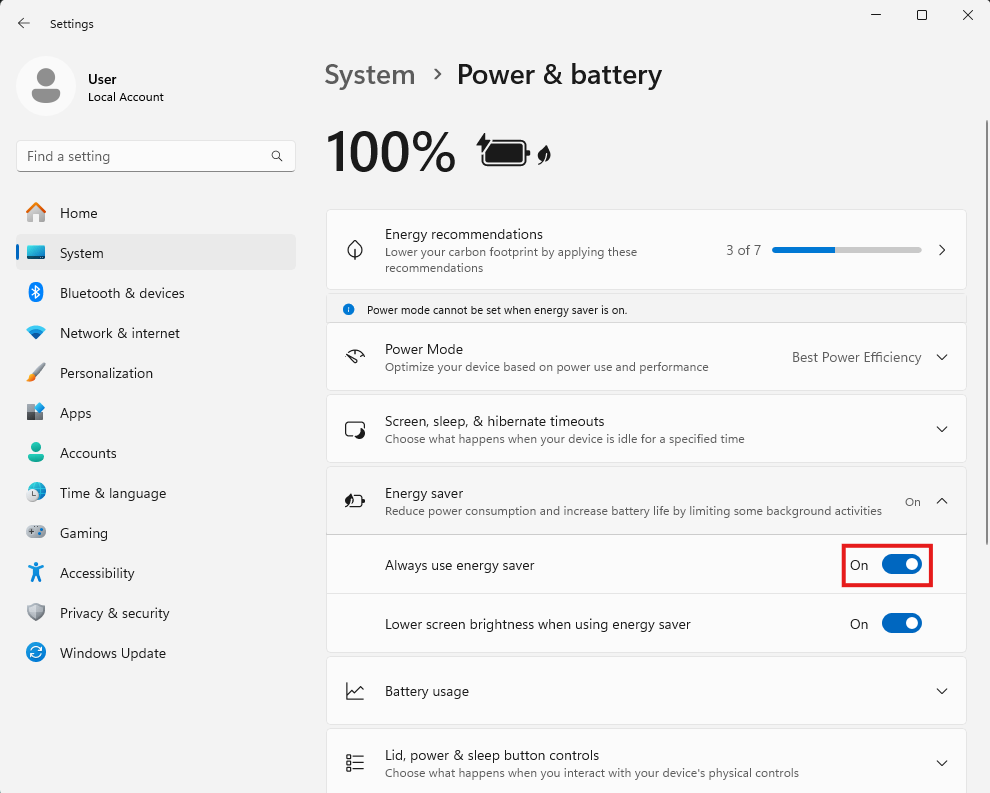 Windows screen for energy saver