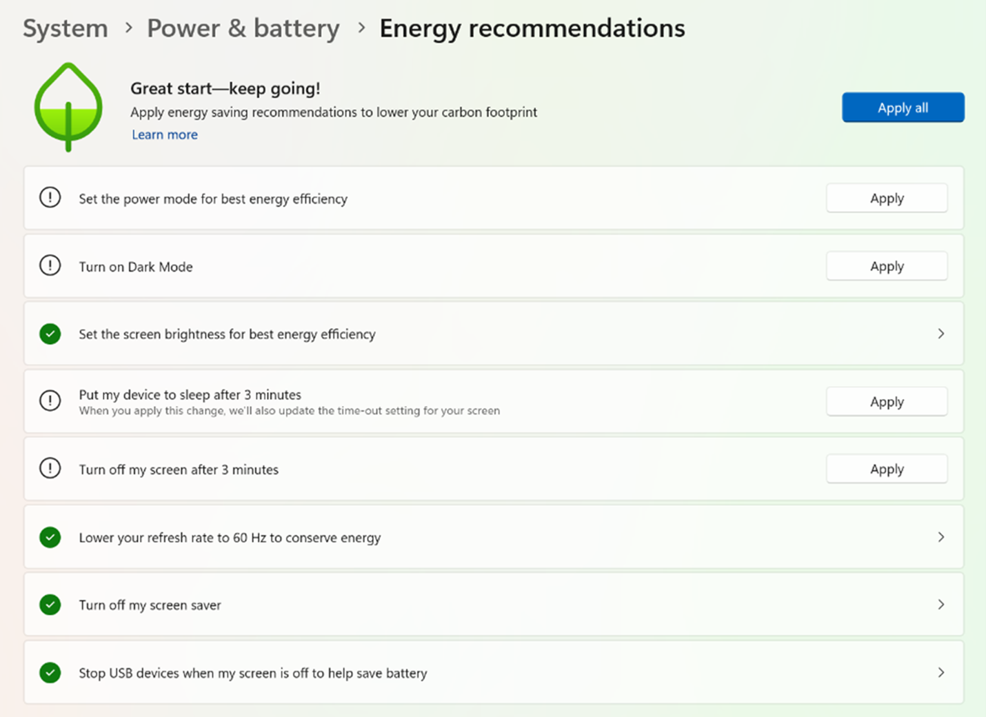 Windows screen for energy recommendations