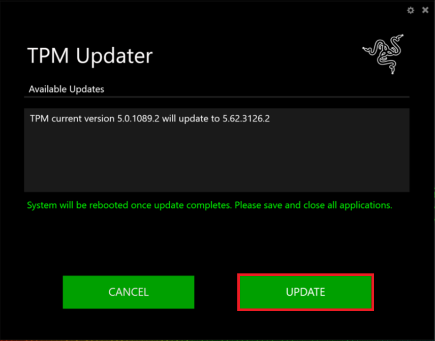 Updater window highlighting the UPDATE button