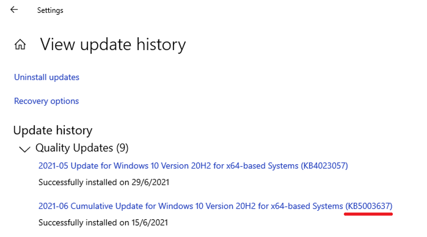 Display of KB5003637 installed
