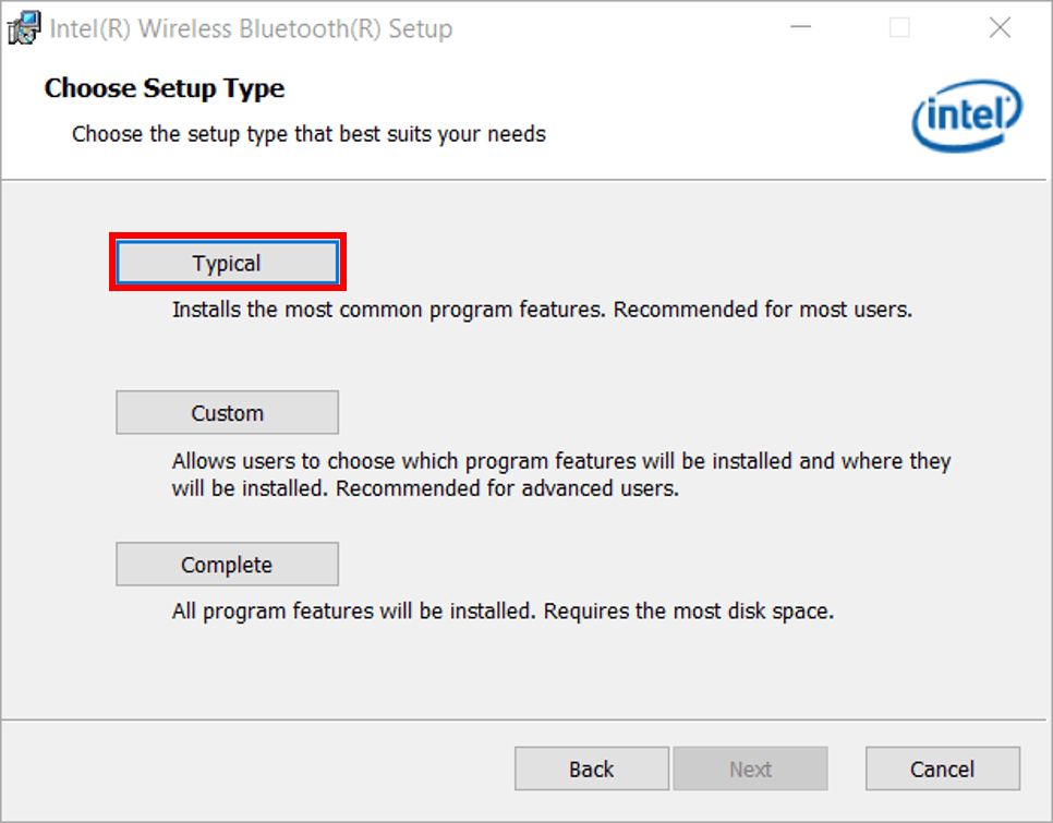 Choose setup type window highlighting the Typical option