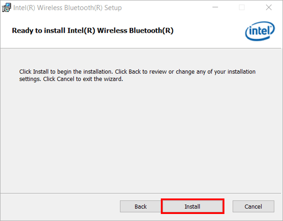 Ready to install window highlighting the Install button
