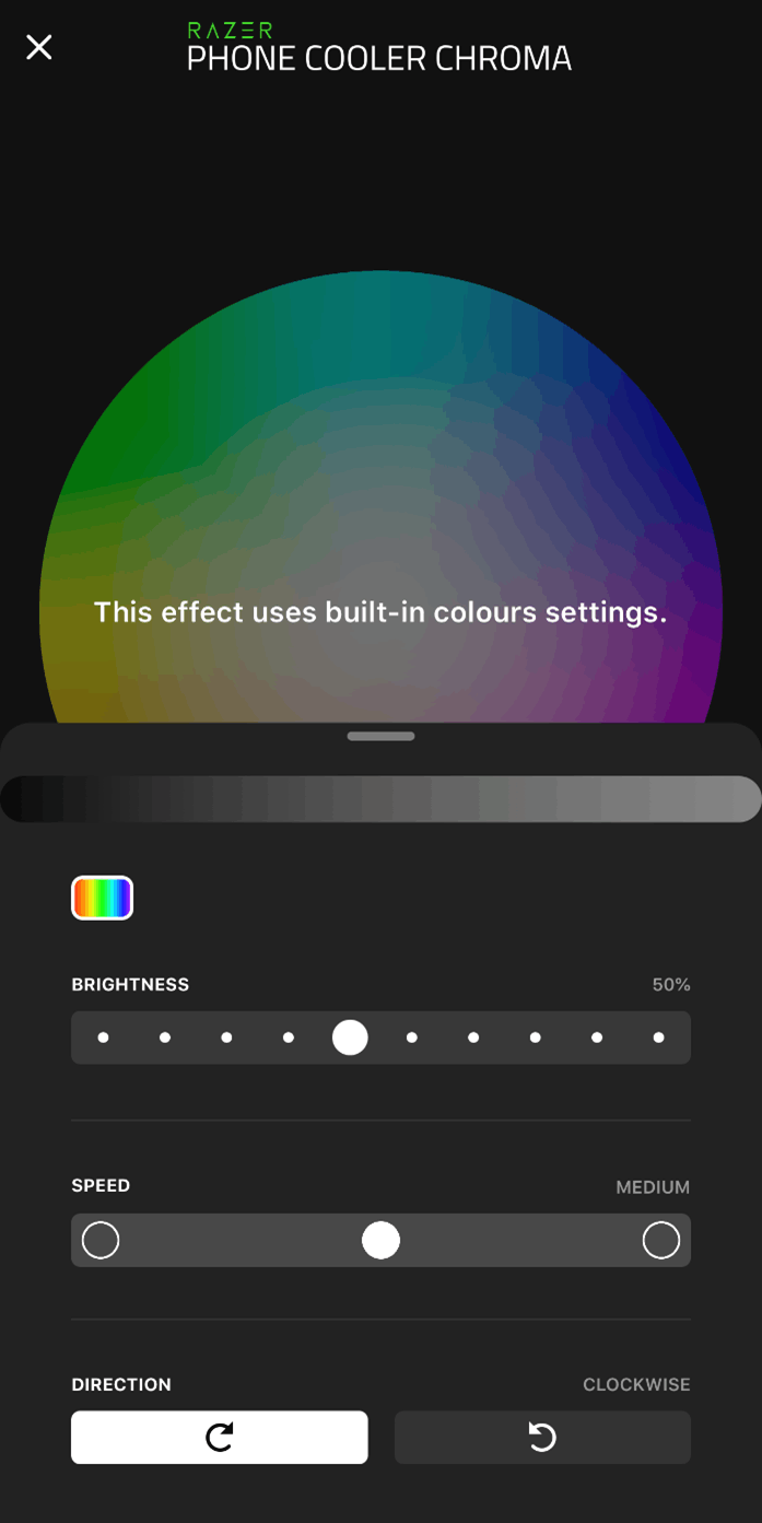 Brightness, speed, and direction levels on the Phone Cooler Chroma app