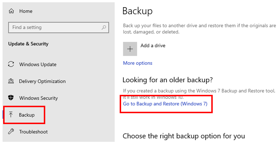 Under Backup, select Go to Backup and Restore (Windows 7)