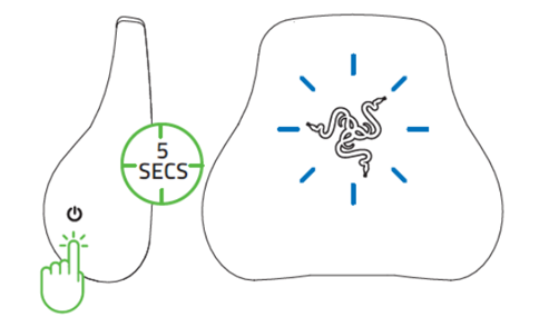 If the Razer Head Cushion is powered off, press and hold the multifunction button for at least five seconds or until the Razer THS logo starts blinking blue