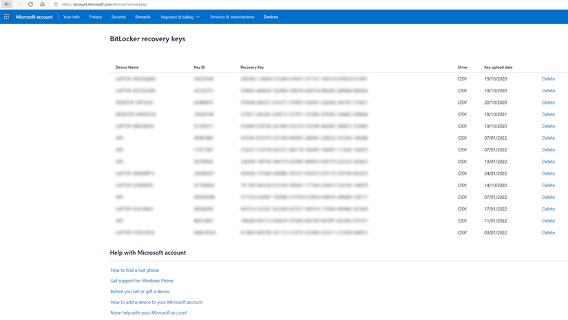 list of recovery keys