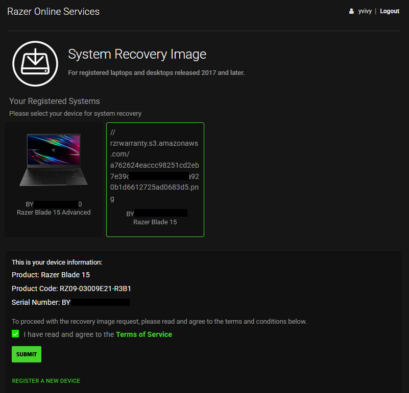 Razer Online Services page showing device information and terms of service checkbox
