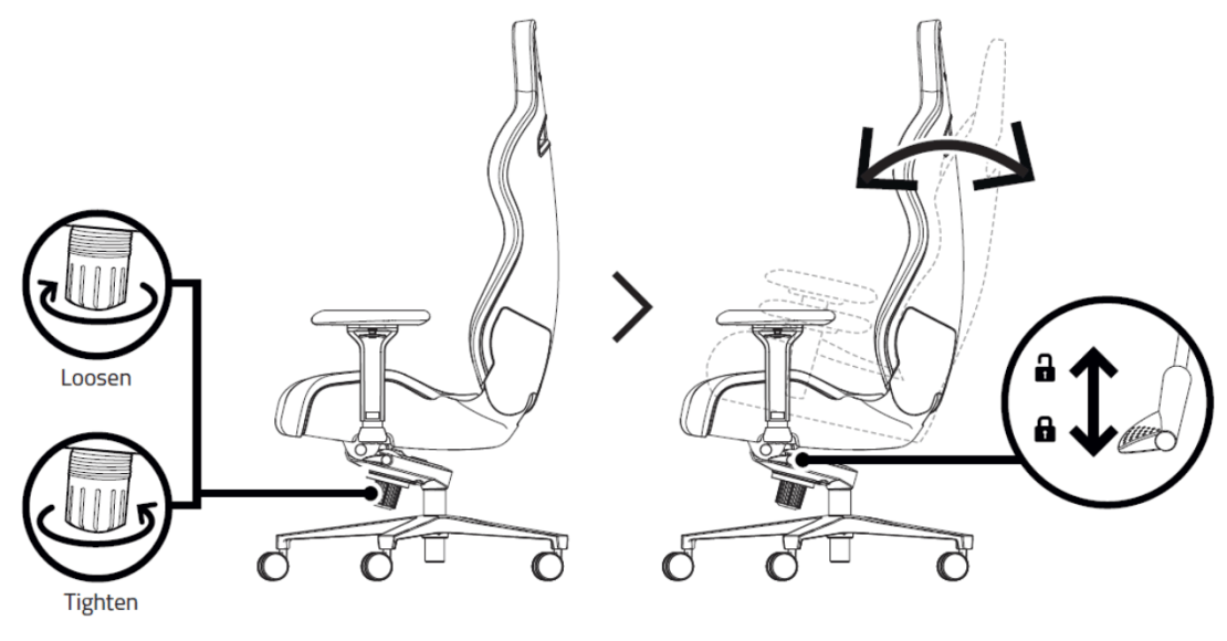 Illustration of the tilt adjustment of the Razer Enki Pro gaming chair
