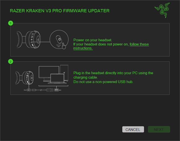 Instructions to power on and plug in the headset