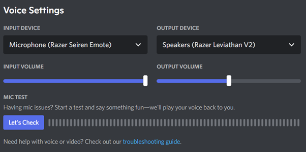 The voice settings page of Discord.